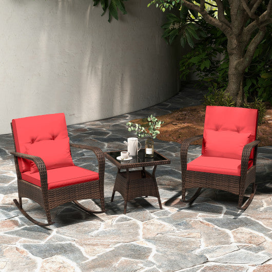 3 Pieces Outdoor Rocking Set with Tempered Glass Coffee Table for Backyard Poolside-Red