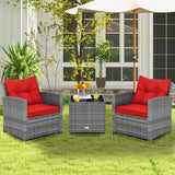 3 Pieces Outdoor Wicker Conversation Set with Tempered Glass Tabletop-Red