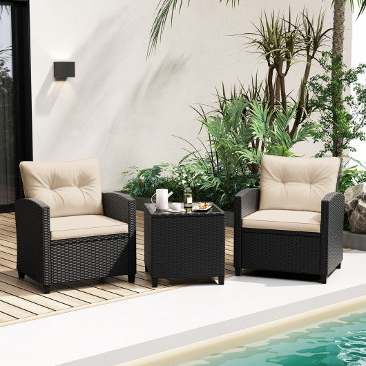 3 Pieces Patio Furniture Set with Tempered Glass Coffee Table-Off White