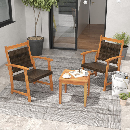 3 Pieces Rattan Bistro Set with Acacia Wood Frame for Garden