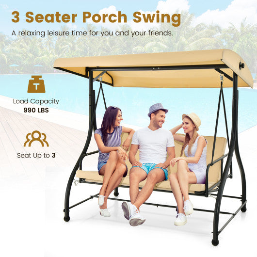 3 Seat Outdoor Porch Swing with Adjustable Canopy-Beige