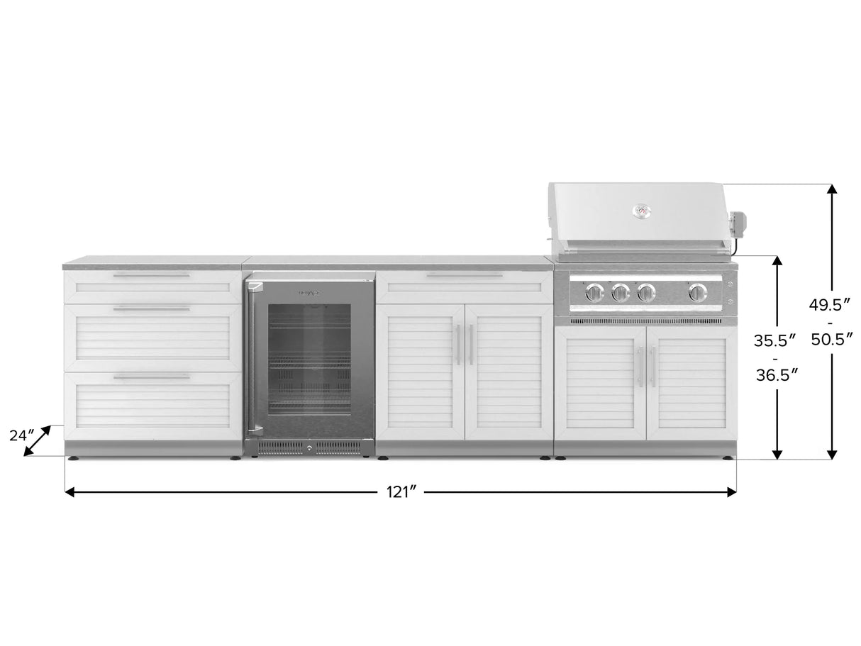 Outdoor Kitchen Stainless Steel 7 Piece Cabinet Set with 3-Drawer, Bar, Grill Cabinet, Platinum Grill, Countertop, and Glass Door Fridge