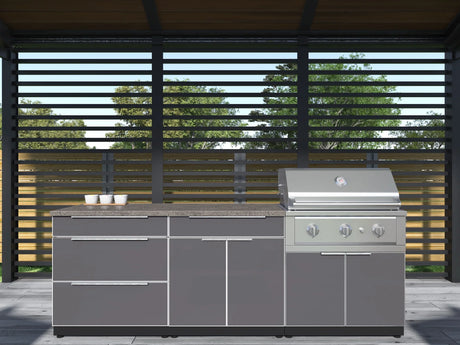 Outdoor Kitchen Aluminum 4 Piece Cabinet Set with 3 Drawer, Grill Cabinet, Platinum Grill and Countertop