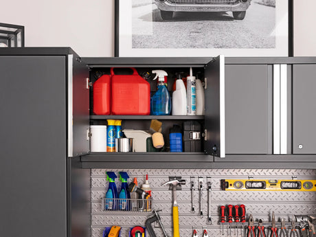 Pro Series 7 Piece Cabinet Set with Base, Wall, Tool Drawer Cabinet, Lockers and 56 In. Worktop