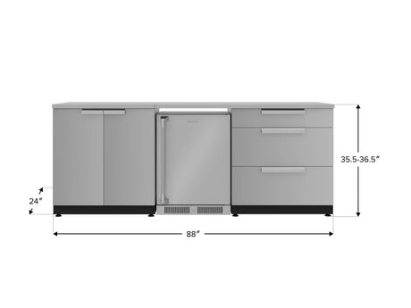 Outdoor Kitchen Stainless Steel 5 Piece Cabinet Set with 3-Drawer, 2-Door Cabinet, Countertops and Fridge