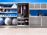 Pro Series 9 Piece Cabinet Set with Wall, Tool Drawer Cabinet, Lockers, and Stainless Steel Door Fridge