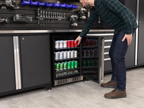 Pro Series 9 Piece Cabinet Set with Wall, Tool Drawer Cabinet, Lockers, and Stainless Steel Door Fridge