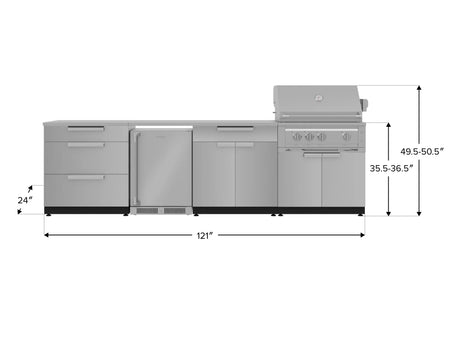 Outdoor Kitchen Stainless Steel 7 Piece Cabinet Set with 3-Drawer, Bar, Grill Cabinet, Platinum Grill, Countertop, and Stainless Steel Door Fridge