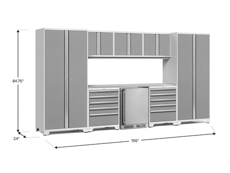 Pro Series 9 Piece Cabinet Set with Wall, Tool Drawer Cabinet, Lockers, and Stainless Steel Door Fridge