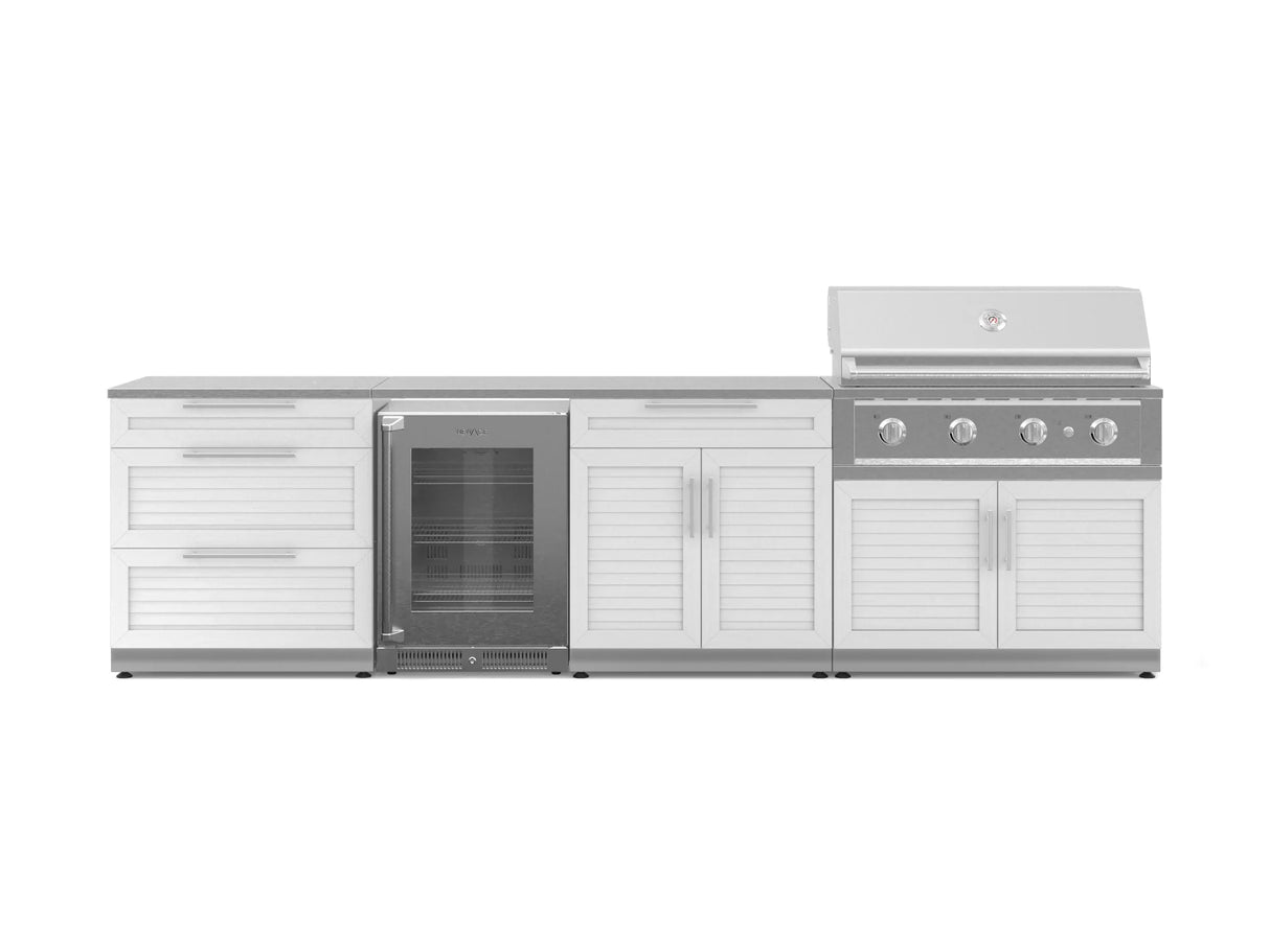 Outdoor Kitchen Stainless Steel 7 Piece Cabinet Set with 3-Drawer, Bar, Grill Cabinet, Performance Grill, Countertops, and Glass Door Fridge