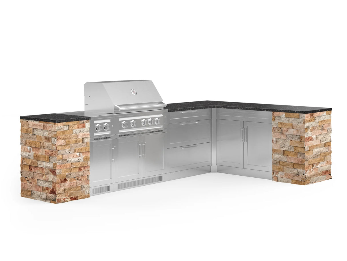 Outdoor Kitchen Signature Series 11 Piece L Shaped Cabinet Set with 3 Drawer, Bar, Dual Side Burner, Grill and Grill Cabinet