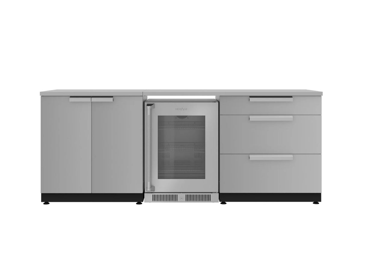 Outdoor Kitchen Stainless Steel 5 Piece Cabinet Set with 3-Drawer, 2-Door Cabinet, Countertops and Fridge