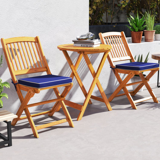 3 Pieces Acacia Wood Patio Folding Bistro Set with Soft Cushions-Navy