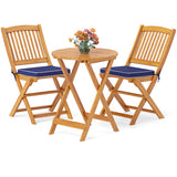 3 Pieces Acacia Wood Patio Folding Bistro Set with Soft Cushions-Navy