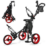 3 Wheels Folding Golf Push Cart with Seat Scoreboard and Adjustable Handle-Red