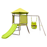 4-in-1 Swing Set with Covered Playhouse Fort and Height Adjustable Baby Seat-Green