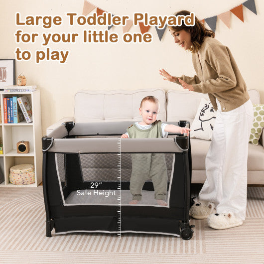 4-in-1 Convertible Portable Baby Play Yard with Toys and Music Player-Gray