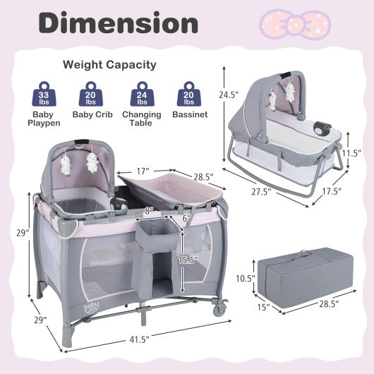 4-in-1 Convertible Portable Baby Playard Newborn Napper with Music and Toys-Gray