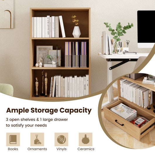 4-Tier Storage Bookcase with Open Shelves Drawer and Anti-toppling Device-Natural