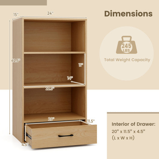 4-Tier Storage Bookcase with Open Shelves Drawer and Anti-toppling Device-Natural