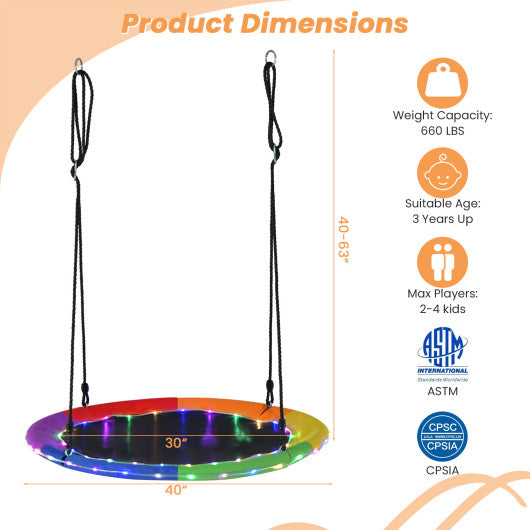 40 Inches Saucer Tree Swing Round with Lights for Kids and Adults-Multicolor