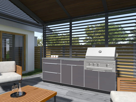 Outdoor Kitchen Aluminum 5 Piece Cabinet Set with 3 Drawer, Bar, Grill Cabinet, Platinum Grill and Countertop