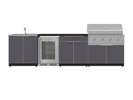 Outdoor Kitchen Aluminum 6 Piece Cabinet Set with Sink, Bar, Grill Cabinet, Performance Grill, Countertop and Glass Door Fridge