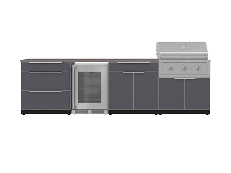 Outdoor Kitchen Aluminum 7 Piece Cabinet Set with 3-Drawer, Bar, Grill Cabinet, Performance Grill, Countertops and Glass Door Fridge