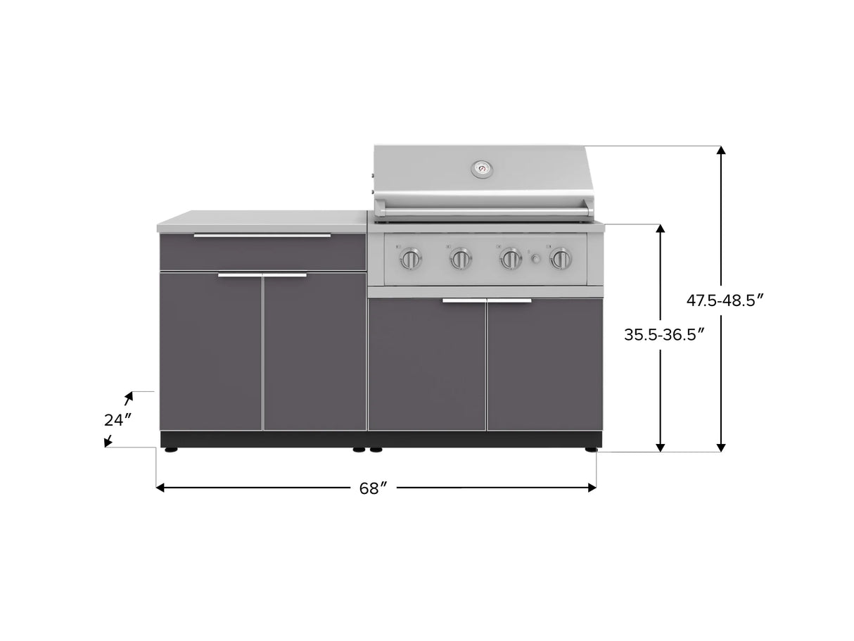 Outdoor Kitchen Aluminum 4 Piece Cabinet Set with Bar, Grill Cabinet, Performance Grill, and Countertop