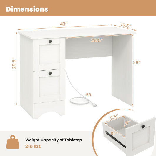 43 Inch Computer Desk with Charging Station for Living Room-White