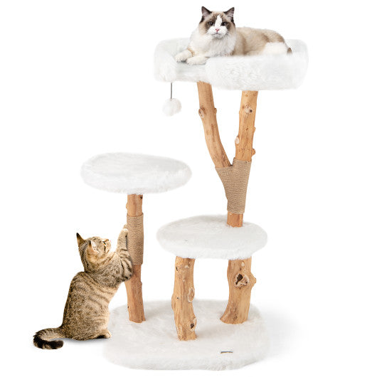 44 Inch Solid Wood Cat Tree with Perch and Natural Jute Scratching Posts-White
