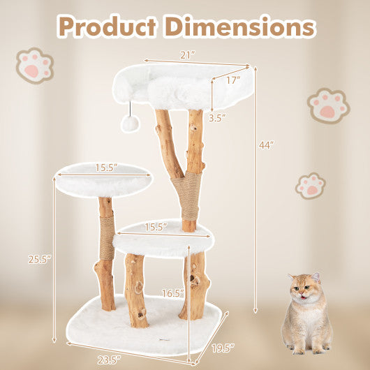 44 Inch Solid Wood Cat Tree with Perch and Natural Jute Scratching Posts-White