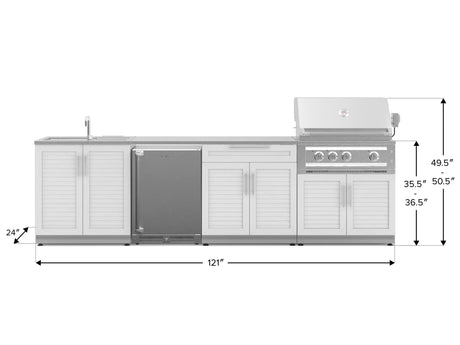 Outdoor Kitchen Stainless Steel 6 Piece Cabinet Set with Sink, Bar, Grill Cabinet, Platinum Grill, Countertop and Stainless Steel Door Fridge