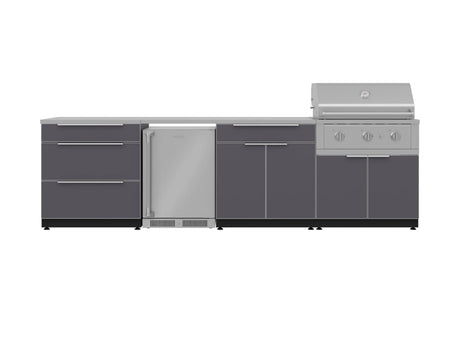 Outdoor Kitchen Aluminum 7 Piece Cabinet Set with 3-Drawer, Bar, Grill Cabinet, Performance Grill, Countertops and Stainless Steel Door Fridge