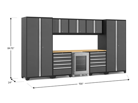 Pro Series 9 Piece Cabinet Set with Wall, Tool Drawer Cabinet, Lockers, and Glass Door Fridge