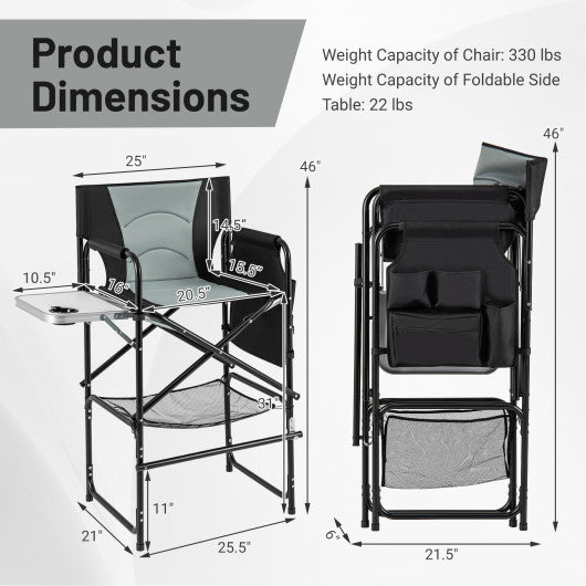 46 Inches Tall Directors Chair with Foldable Side Table and Footrest-Gray