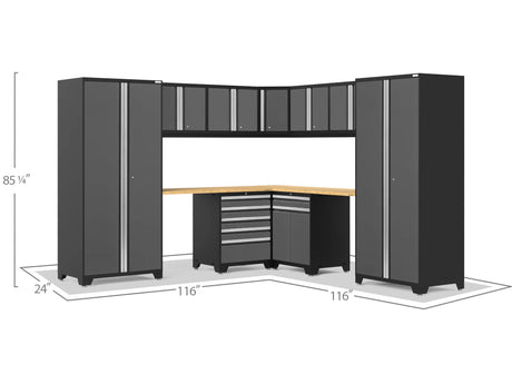 Pro Series Gray 12 Piece Cabinet Set with Wall, Tool Drawer, Multi-Function Cabinet, Lockers and 112 In. Worktop