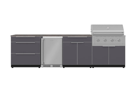 Outdoor Kitchen Aluminum 7 Piece Cabinet Set with 3-Drawer, Bar, Grill Cabinet, Performance Grill, Countertops and Stainless Steel Door Fridge