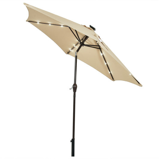 9 Feet Solar LED Lighted Patio Market Umbrella Tilt Adjustment Crank Lift-Beige