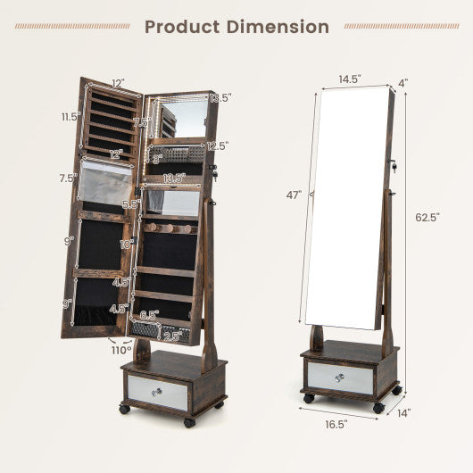 47 Inch Lockable Jewelry Cabinet Armoire with 3-Color LED Lights-Rustic Brown