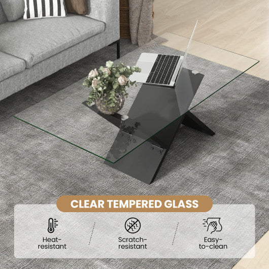 47 Inch Rectangle Glass Coffee Table Modern Center Table with Tempered Glass Tabletop-Black