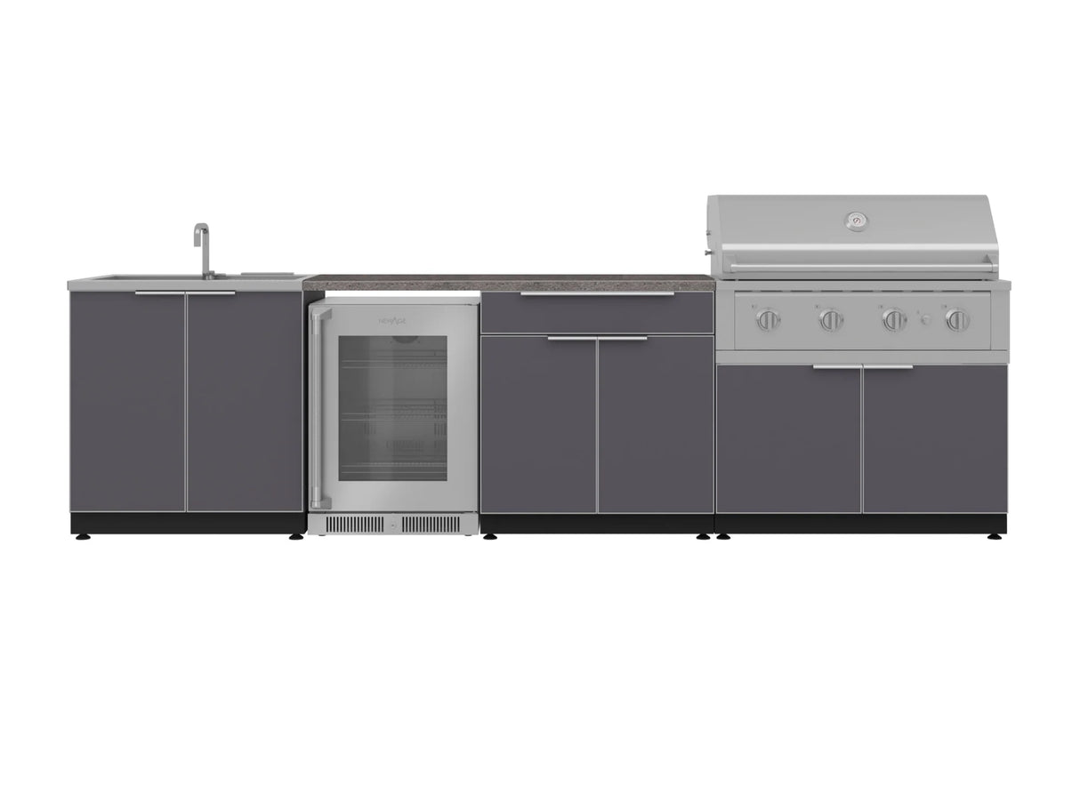 Outdoor Kitchen Aluminum 6 Piece Cabinet Set with Sink, Bar, Grill Cabinet, Performance Grill, Countertop and Glass Door Fridge