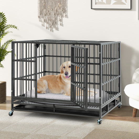 48 Inch Foldable Heavy-Duty Metal Dog Cage with Lockable Rolling Casters and Tray-48 inches