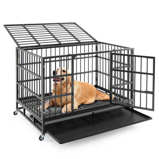 48 Inch Foldable Heavy-Duty Metal Dog Cage with Lockable Rolling Casters and Tray-48 inches