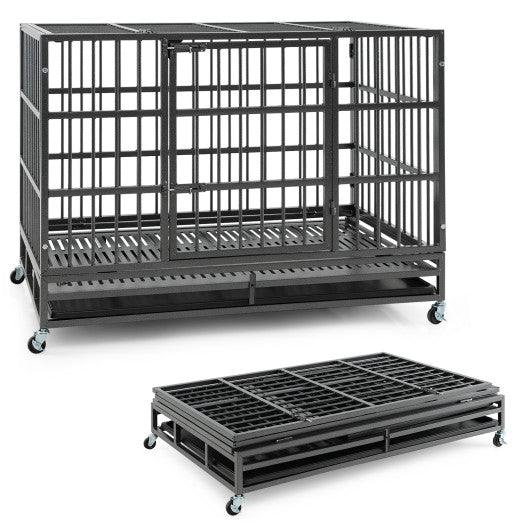 48 Inch Foldable Heavy-Duty Metal Dog Cage with Lockable Rolling Casters and Tray-48 inches