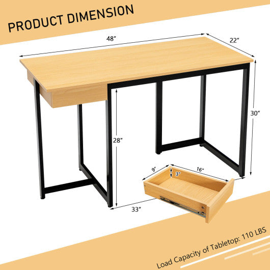 48 Inch Computer Desk with Metal Frame and Adjustable Pads-Natural