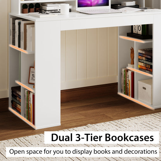 Computer Desk with Dual 3-Tier Bookshelf and Monitor Shelf-White