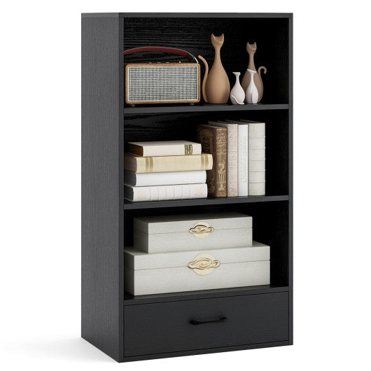 48 Inch Tall 4 Tiers Wood Bookcase with Drawer-Black