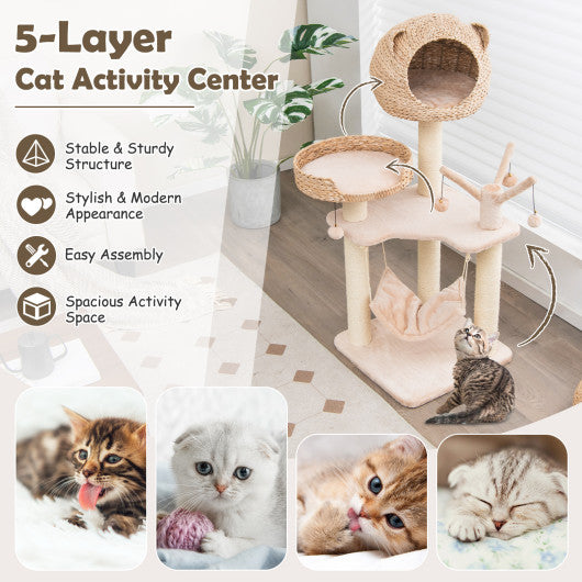 Multi-Level Cat Tree with Condo Hammock and Rotatable Hanging Balls-Natural