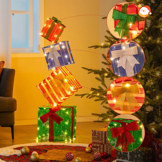 48 Inches Lighted Stacked Gift Boxes with Built-in LED Lights and Decorative Bows